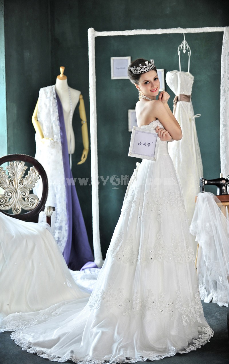 MTF New Arrival Lace Beading Strapless Train Wedding Dress H935