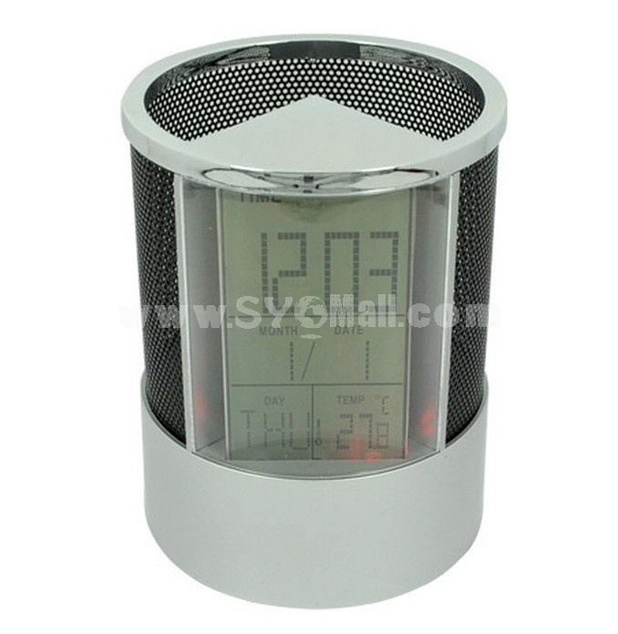 Round Pen Holder With Colorful Light Calendar Thermometer